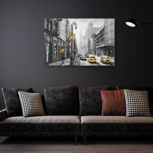 Urban Serenade: Monochrome Symphony of a Woman with a Yellow Umbrella in the Bustling NY Boulevard - Wall Art Prints