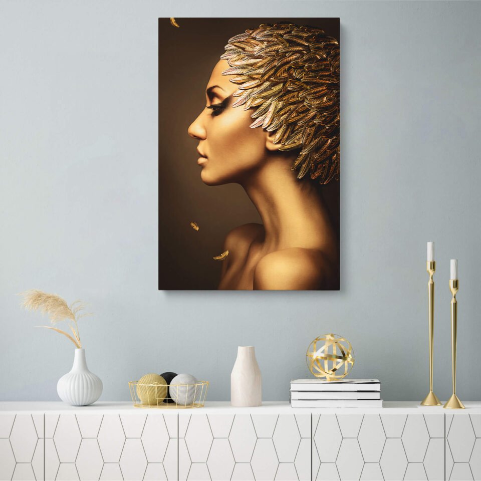 Gilded Serenity: Woman with Golden-Feathered Helmet - Wall Art Prints