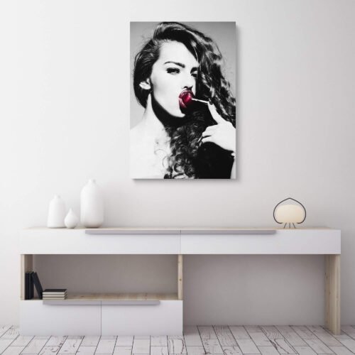 Lollipop Seduction - Black and White Portrait with a Woman and a Red Temptation - Canvas Prints