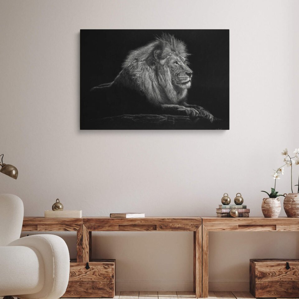 Monochrome Majesty - Lion King on the Rock - Canvas Prints