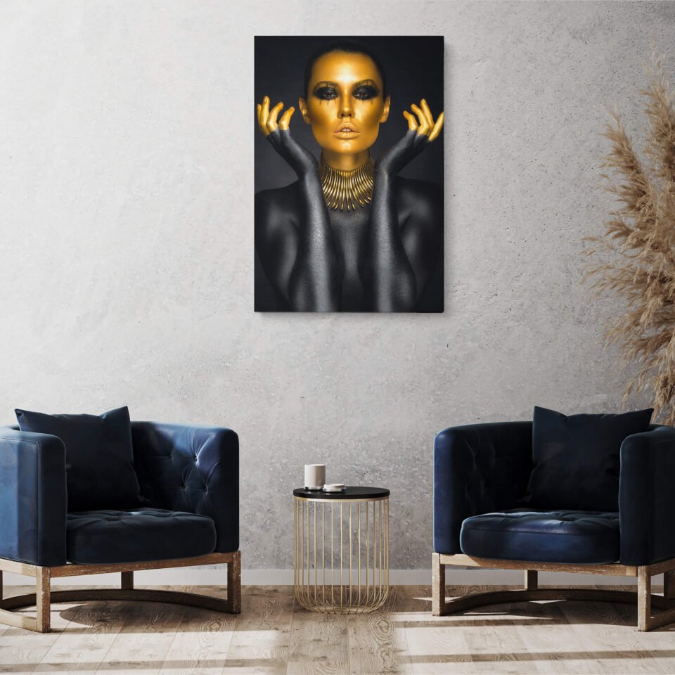 Golden Glamour: Black Model with Luxurious Gold Makeup - Wall Art Prints