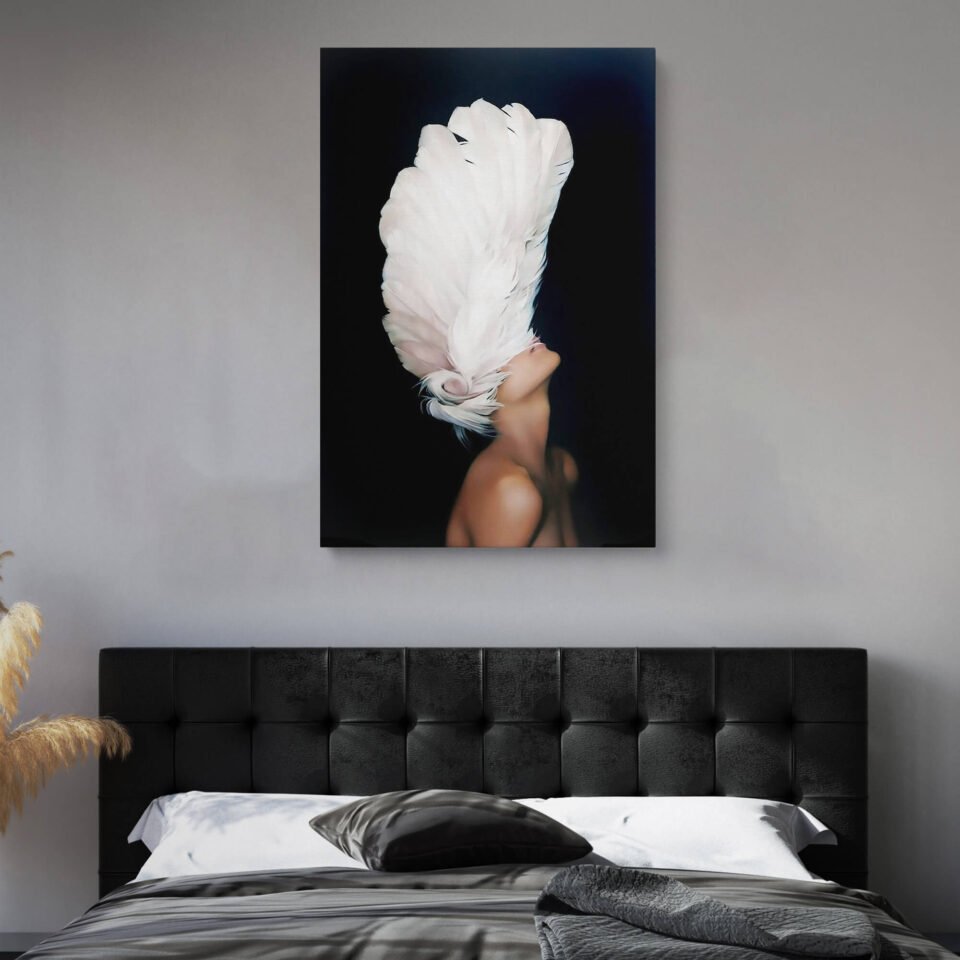 Ethereal Beauty: Nude Woman with White Feathers - Wall Art on Canvas Prints