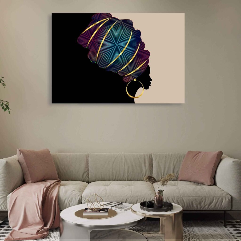 Kente Turban on African Woman Head - African Art. The image of the African woman in a traditional turban represents a deep sense of cultural pride, resilience, and identity. It embodies the spirit of African traditions, honoring the heritage and beauty that has been passed down through generations.