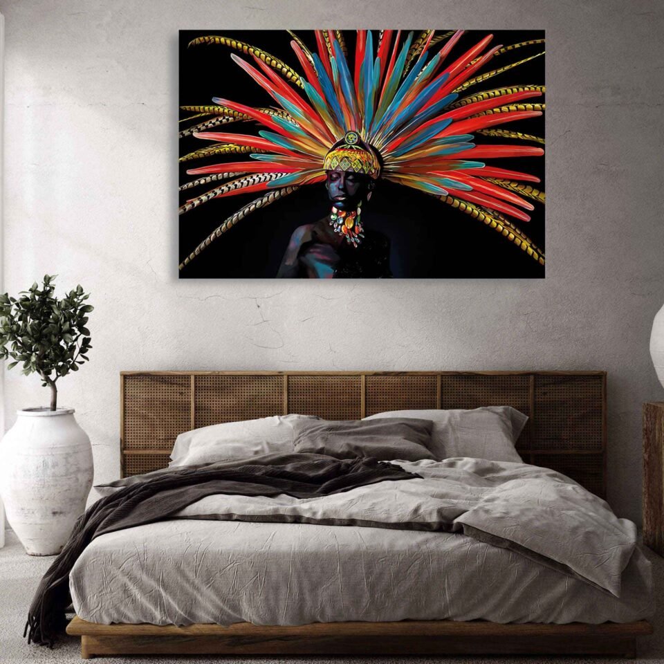 Feathers of Heritage - Black Woman in Mayan Ornamental Headdress - Iconic Artwork on Canvas Prints