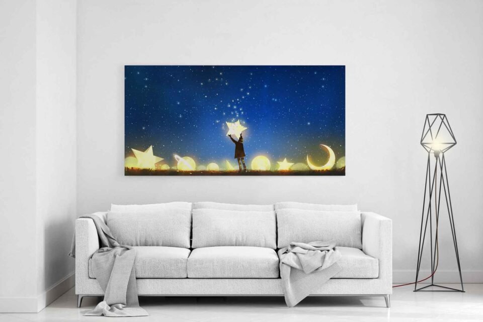 Starry Dreams - A Young Boy's Magical Night Sky - Wall Art on Canvas Prints This captivating artwork depicts a young boy, filled with wonder, arranging glowing stars in the night sky. The deep hues of the night sky and the radiant stars create a mesmerizing contrast that will add a touch of magic to any room.