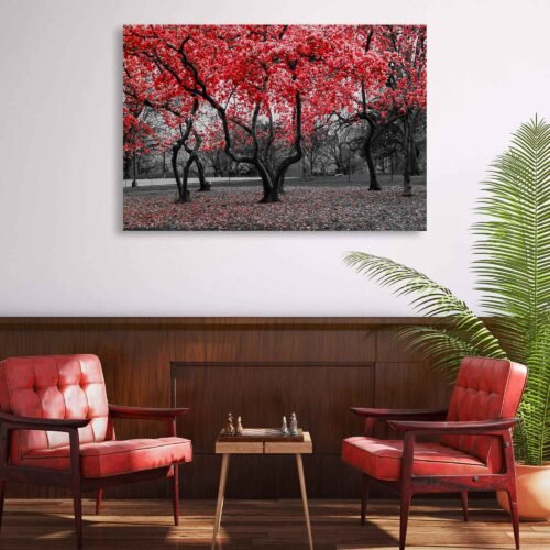 Crimson Canopy - Autumnal Park with Beautiful Red Maple Trees - Nature Wall Art Prints