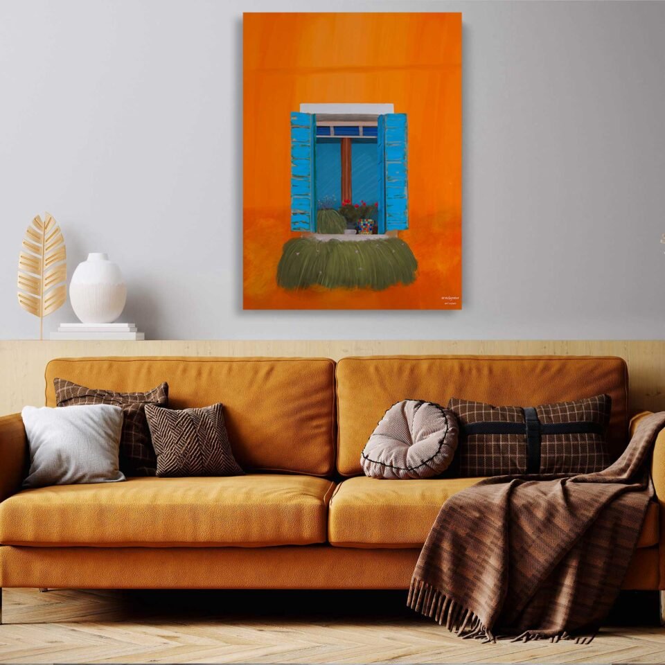 Cerulean Escape - Open Window in an Orange Wall - Canvas Prints