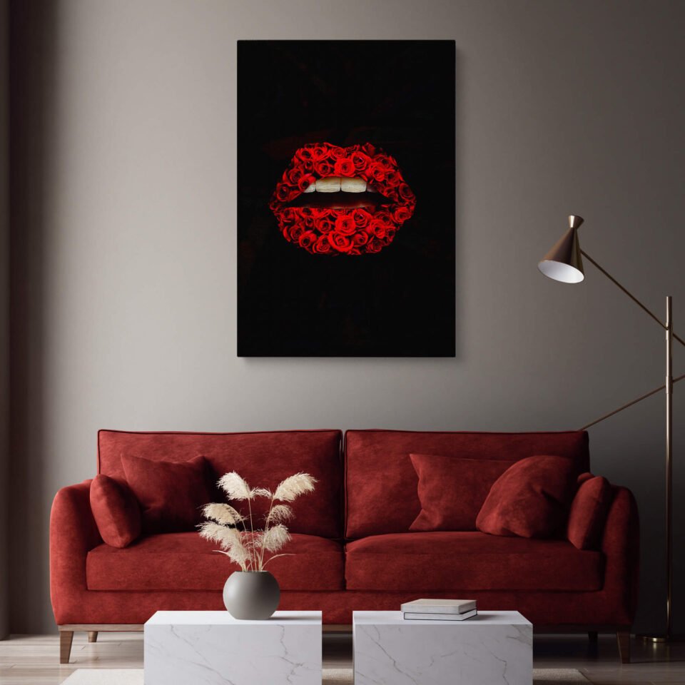 Roseate Temptation: Sensual Lips Blossomed in Roses - Home Decor Prints
