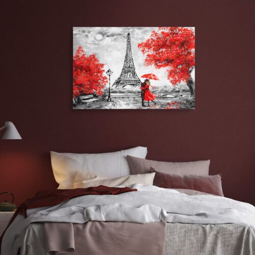 Eternal Love: A Romantic Embrace Amidst Red Trees and the Monochrome Eiffel Tower on Canvas Prints