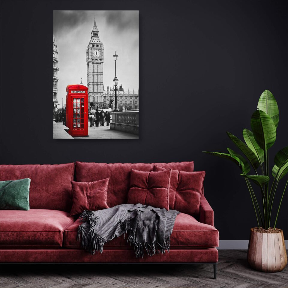 London Calling: Red Telephone Booth and Big Ben in Monochrome - Wall Art Decor 