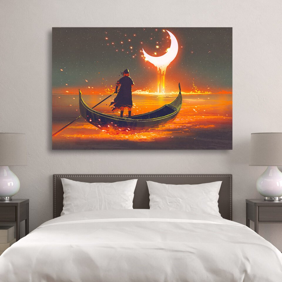 Beyond the Horizon - Surreal Boat Ride Under the Melting Crescent Moon - Surreal Wall Art Prints