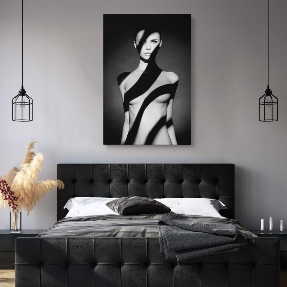 Monochrome Grace - An Art Studio Portrait of an Elegant Nude Lady with Shadow - Canvas Wall Art Prints
