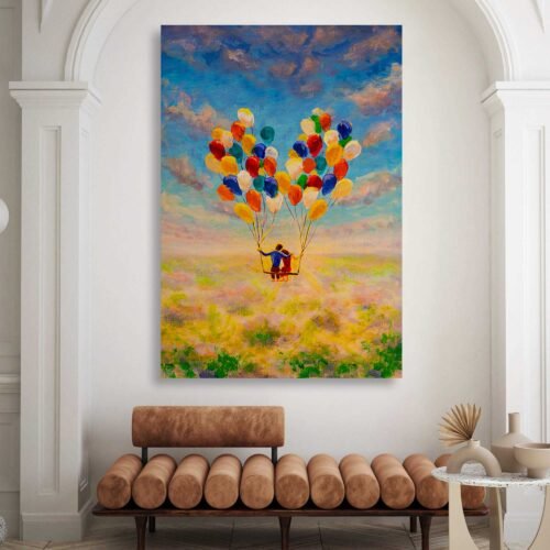 Love's Soaring Journey - Young Couple Floating on Air Balloons - Canvas Wall Art Prints