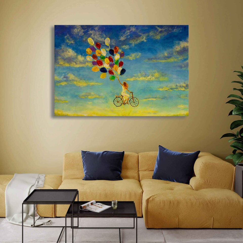 A Joyful Ride - Girl on a Bicycle with Colorful Balloons Pedaling Through the Sky - Canvas Wall Art Prints