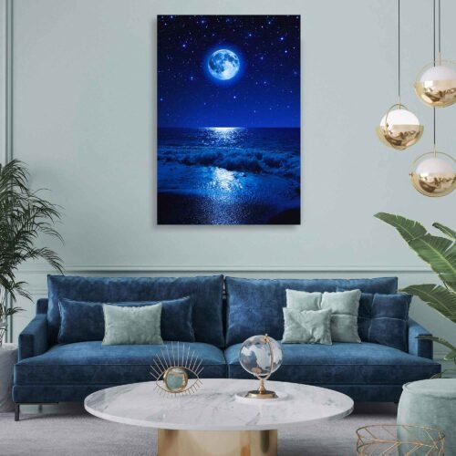 Lunar Symphony - Nocturnal Serenity of Moonlit Skies and Sea Reflections - Canvas Wall Art Prints