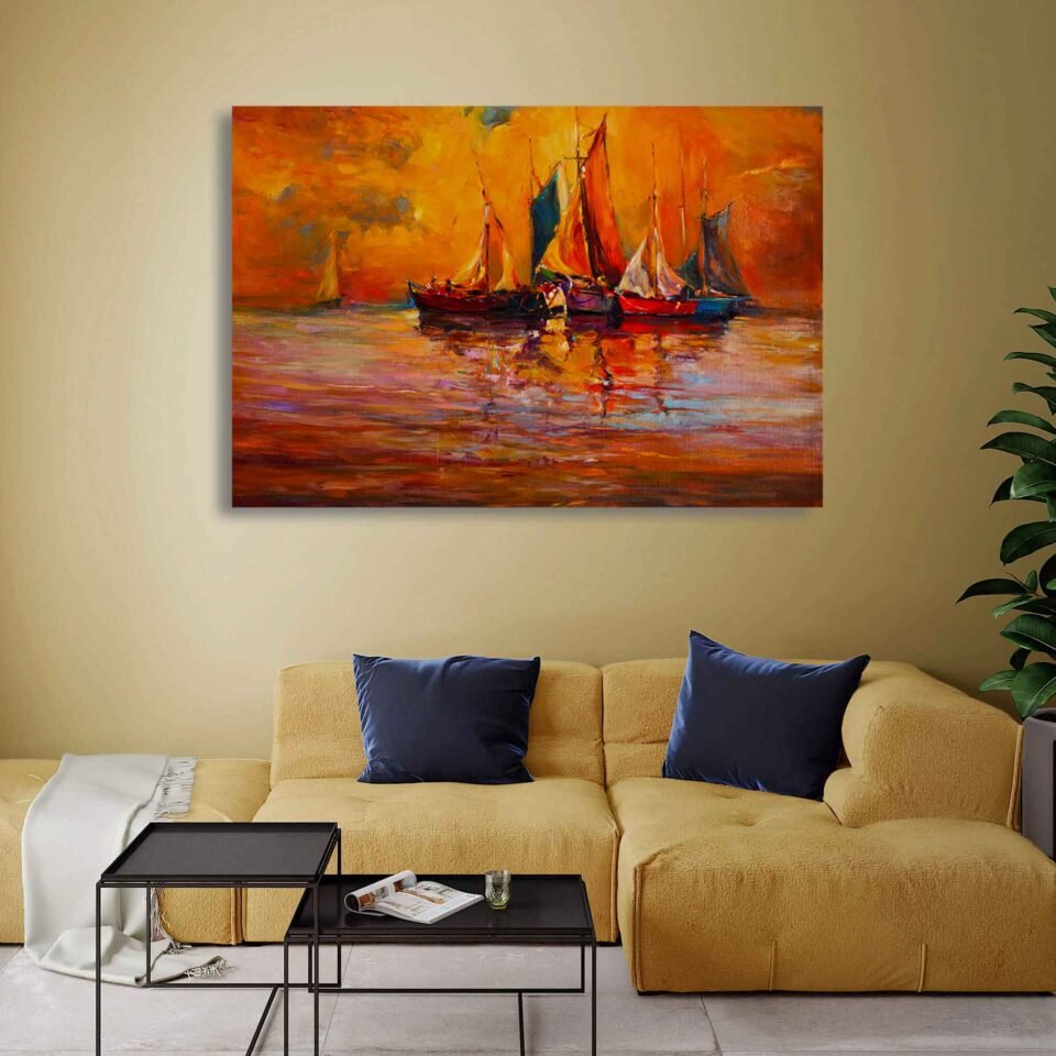 Golden Horizons - Boats and Sea in Modern Impressionism on Canvas Prints
