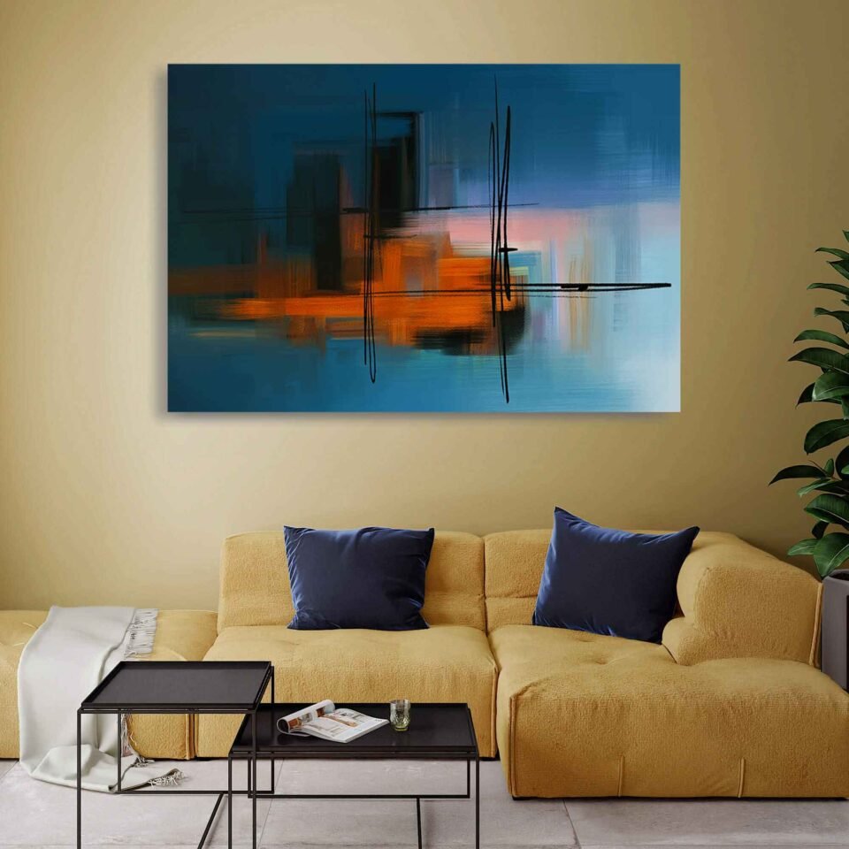 Vibrant Cityscape in Motion - Abstract Geometric Wall Art with Bold Black Lines, Orange & Blue Hues. This vibrant cityscape canvas art features bold black lines and dynamic orange and blue hues. The abstract geometric forms create depth and motion, making it a striking modern piece for any space.