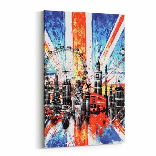 London Kaleidoscope: Vibrant Cityscape with Landmarks and the Union Jack - Canvas Prints