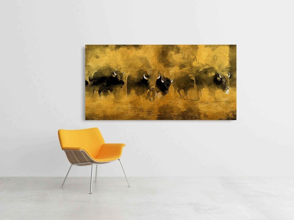 Golden Herd - Modern Oriental Style Painting of Buffalo on Gray and Gold - Large Canvas Prints