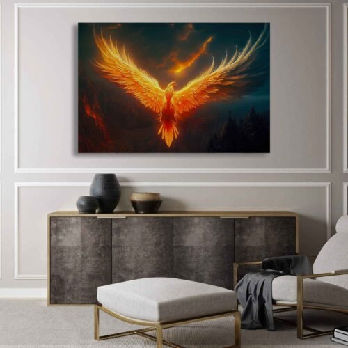 Phoenix in Flames - Canvas Art - Rising from the Ashes in a Dark Valley - Abstract Wall Art Prints. This stunning canvas print celebrates the timeless symbolism of the mythical bird, which represents renewal, transformation, and the eternal cycle of life. The Phoenix's ability to rise from its own ashes after being consumed by fire serves as a powerful metaphor for overcoming adversity and embracing new beginnings.