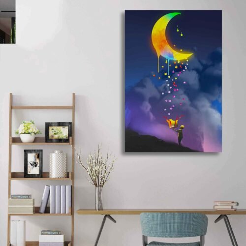 Enchanted Surprises - Unveiling the Melting Moon's Magic - Colorful Wall Art. With its imaginative narrative and rich symbolism, this canvas print serves as a gateway to a world of fantasy and adventure. The juxtaposition of the kid's wide-eyed wonder and the surreal presence of the melting moon creates a sense of awe and delight that is sure to captivate viewers of all ages.