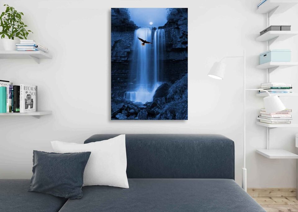 Majestic Serenity - Bird of Prey Soaring by Moonlit Waterfall - Wall Decor