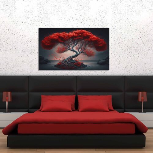 Autumnal Splendor - Artistic Red Tree in the Dark - Nature Wall Art