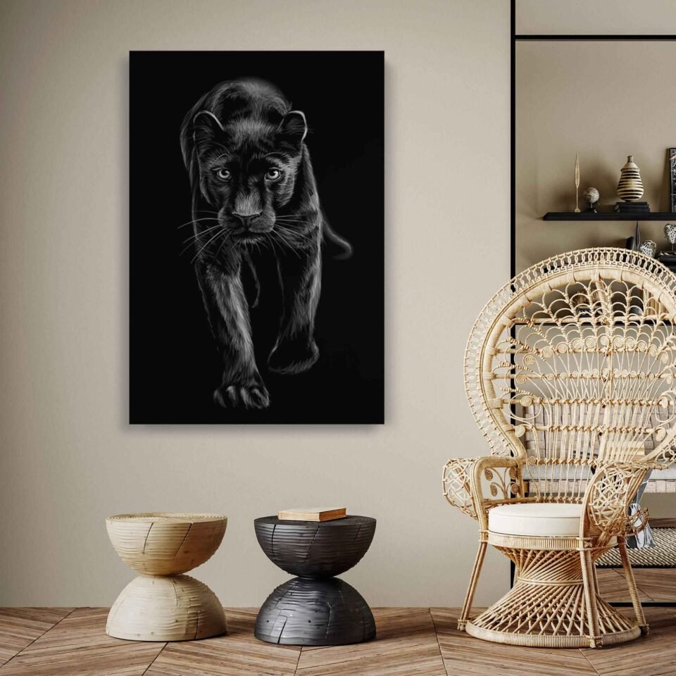 Black Panther - Canvas Art. Black-and-White Artistic Panther Portrait on Canvas Prints. Immerse yourself in the power and elegance of this magnificent creature, and let it add a touch of wild beauty and sophistication to your home or office. Experience the allure of the panther's presence and the striking impact of monochromatic art with this remarkable piece.