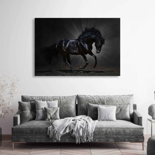 Midnight Majesty - Animal Prints - Black Andalusian Stallion Galloping. Designed to complement a variety of interior styles, from rustic to contemporary, this canvas art print serves as a captivating centerpiece in living rooms, equestrian spaces, offices, or any environment where the beauty and strength of horses are appreciated. Its timeless allure and dynamic energy make it a remarkable addition to any space.