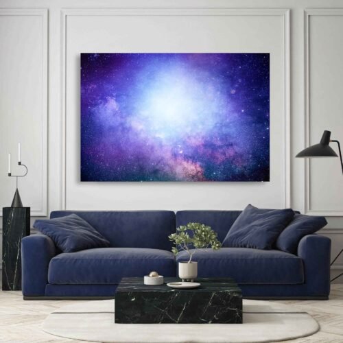 Cosmic Harmony - A Mystical Abstract of the Universe - Wall Art Prints. The harmonious blend of blues and celestial hues adds a sense of depth and tranquility to the artwork, evoking a feeling of serenity amidst the vastness of space. The interplay of darkness and light creates a striking contrast, capturing the enigmatic beauty of the night sky.