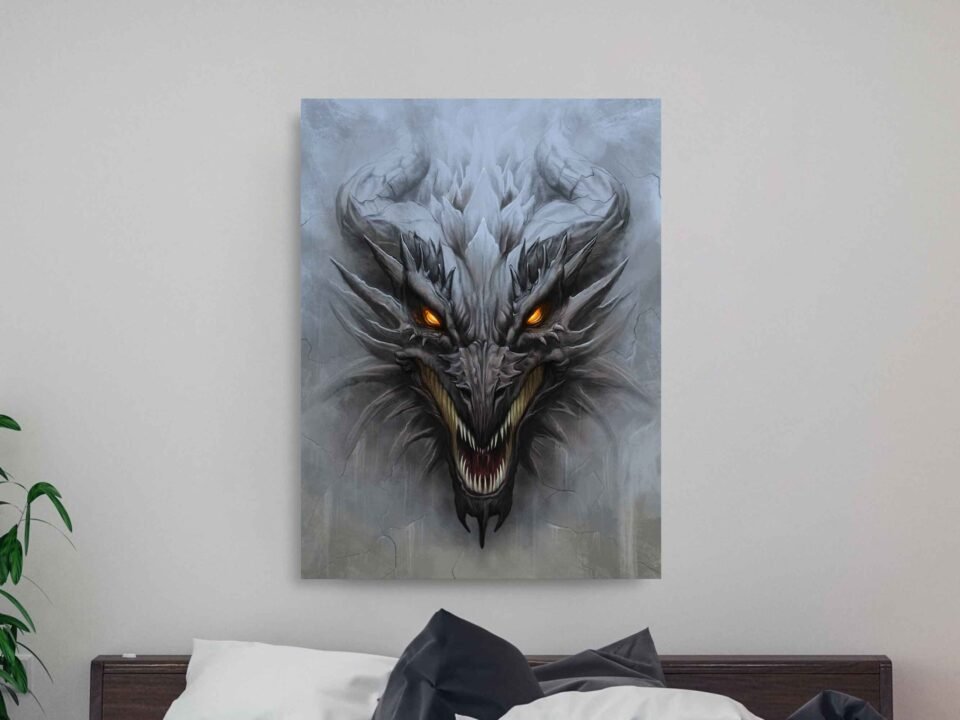 Stone Guardian - Dragon Head on Gray Stone - Canvas Prints