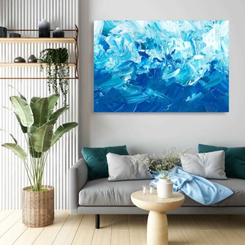 Frozen Elegance - Abstract Art Prints in Blue and White Strokes. In this mesmerizing piece, the artist's skilful hand-painted strokes come together to create a dynamic interplay of blue and white hues. The canvas seems to embody the spirit of frozen elegance, evoking a sense of icy landscapes and a touch of grunge-inspired artistry. 