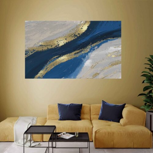 Aurora's Reflection - Modern Abstract Oil Painting in Gray, Gold, and Blue - Abstract Wall Art