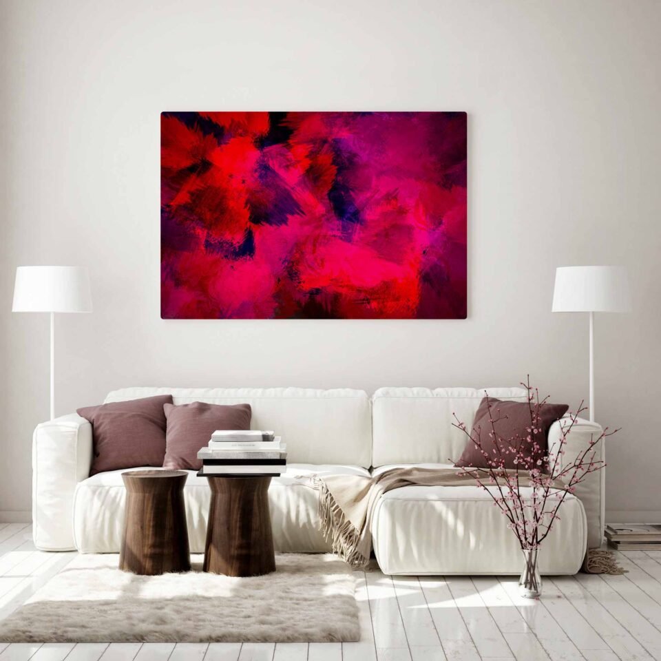 Vibrant Red Wall Art. This stunning canvas art print showcases a mesmerizing composition of red and purple hues, masterfully blended to create an abstract tapestry of colors. The artist's use of paintbrush strokes and textures adds depth and dimension, infusing the artwork with a sense of dynamic movement.