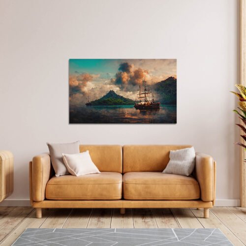 Pirate's Haven - Serenity Amidst Nature's Splendor - Landscape Wall Art Escape to a world of adventure and tranquility with our "Pirate's Haven" Canvas Print. This captivating artwork features a breathtaking nature landscape, where a pirate's boat glides gracefully on the calm sea, nestled between two lush islands.