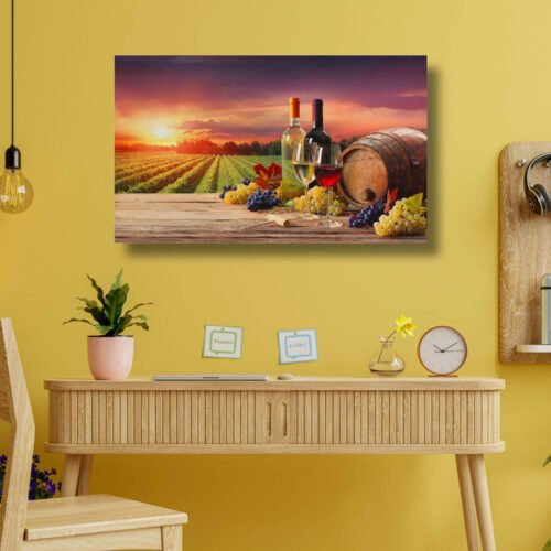 Sundown Soiree - Wineglasses, Barrel, and Bottle in the Vineyard - Nature Wall Art