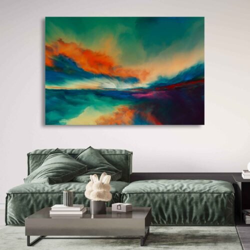 Ethereal Horizons - Abstract Art - Cloud-Shaped Sunset. This captivating piece features an abstract landscape with cloud-shaped elements and a stunning sunset, all brought to life through the medium of virtual painting. The abstract nature of the artwork invites viewers to contemplate and interpret its meaning, creating a personal connection with the piece.