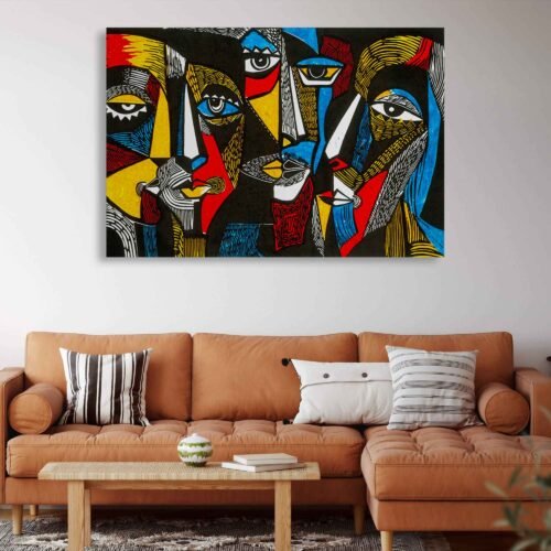 Enigmatic Visions - Wall Art - Surreal-Colored Faces in Linocut Style - Modern Art on Canvas Prints. Let this artwork ignite your imagination, provoke thought, and bring a touch of captivating intrigue to your home or office. Experience the fusion of modern illustration and linocut technique, and immerse yourself in the enigmatic beauty of this remarkable piece.