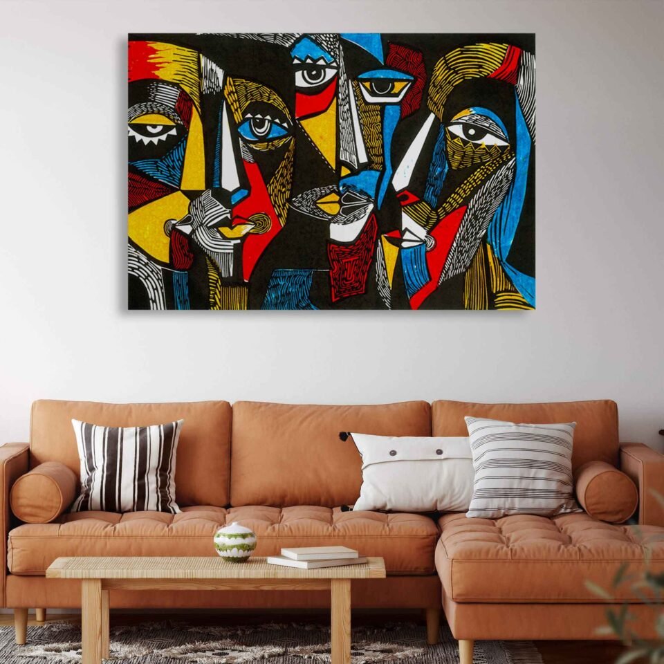 Enigmatic Visions - Surreal-Colored Faces in Linocut Style - Canvas Print