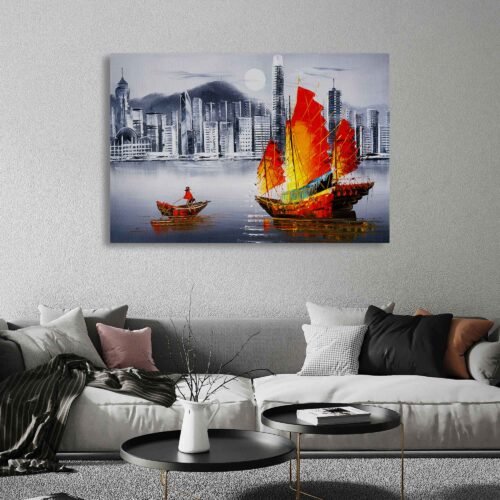 Harbor's Monochrome Symphony - Abstract Oil Painting of Victoria Harbor, Hong Kong - Canvas Print Reproduction