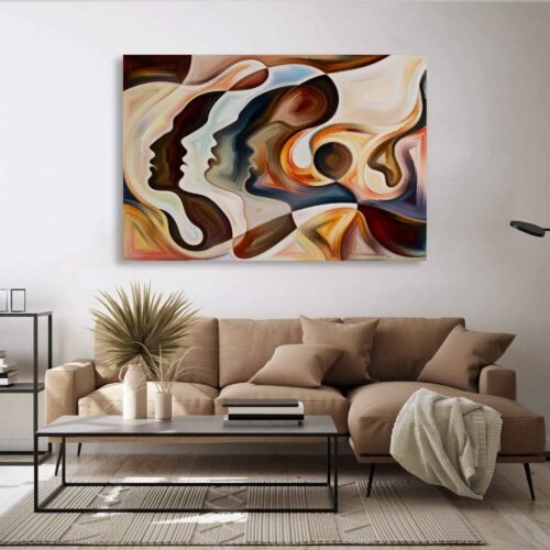 Celebrate unity and cultural diversity with Diverse Horizons, an abstract canvas art featuring a striking line of human profiles. This bold, modern piece brings vibrant energy to any space, perfect for living rooms or offices.Let the captivating line work, vibrant colors, and symbolic representation of cultural unity transform your surroundings, creating an atmosphere of inclusivity, appreciation, and a profound celebration of the diverse tapestry of humanity.