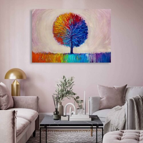 Rainbow Tree - Landscape Wall Art. Every brushstroke and color palette has been meticulously reproduced to maintain the integrity and beauty of the original painting. The rich and lively colors of the tree's foliage create a sense of enchantment as if stepping into a world where nature is alive with vibrant hues.