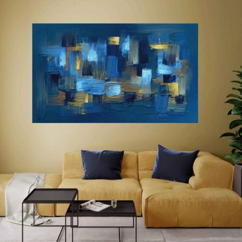 Enigmatic Depths - Abstract Art - Grungy Hand-Painted Artwork in Dark Blue with Yellow Accents. The grungy background creates a sense of mystery and intrigue, while the dark blue hues evoke a feeling of depth and introspection. The vibrant yellow accents add a dynamic contrast, infusing the artwork with a captivating visual impact.