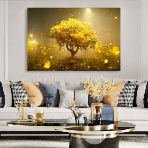 Forest Tree Serenity - A Fantasy Illustration of a Beautiful Golden Tree - Nature Wall Art