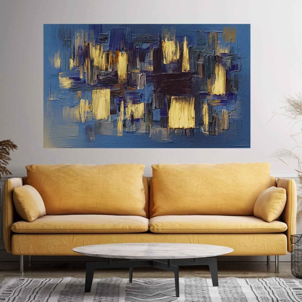 Luminous Impressions - Paint Strokes on Canvas with Abstract Yellow and Dark Blue - Wall Art Prints