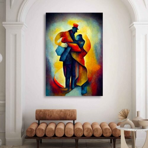 Abstract Love Chronicles - Colorful Couple in Cubist Embrace - Art Prints