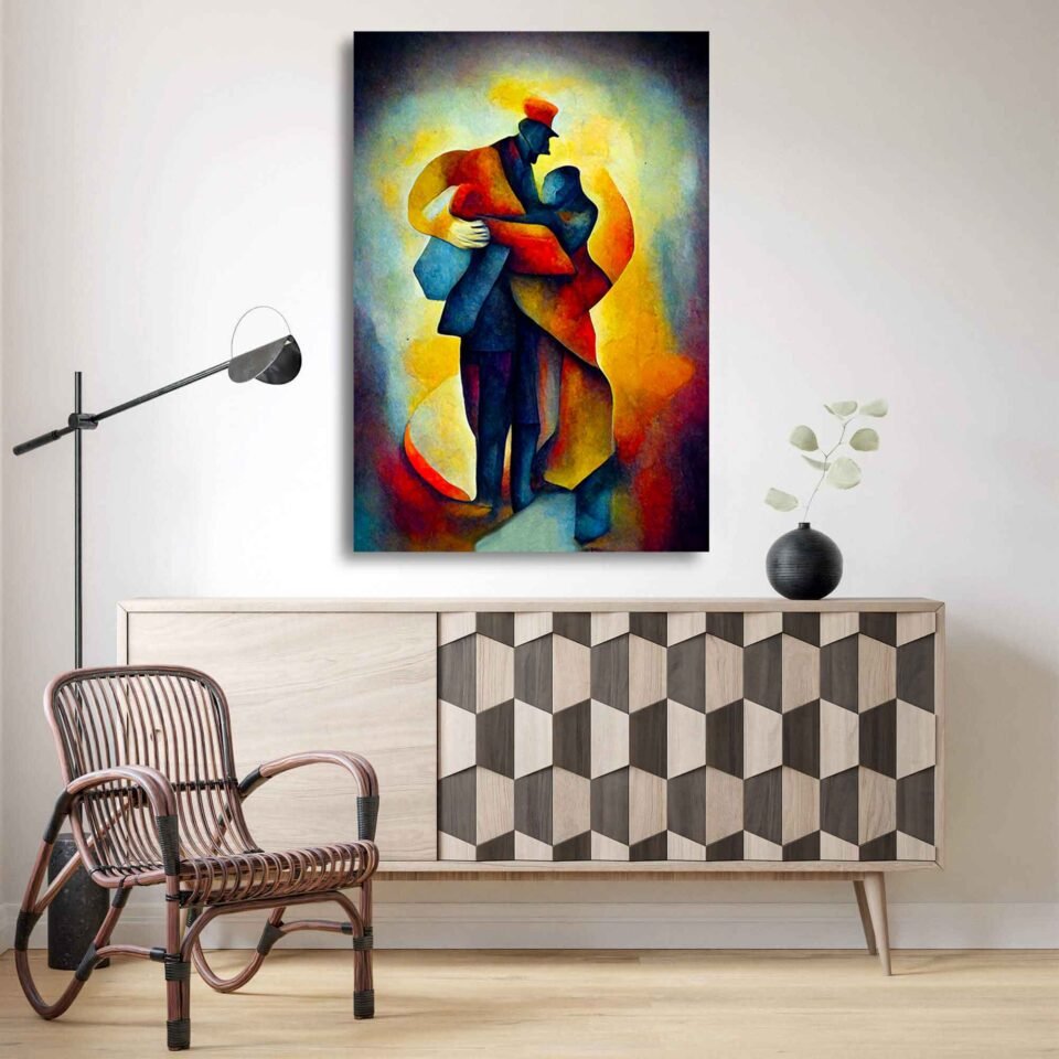 Abstract Love Chronicles - Colorful Couple in Cubist Embrace - Art Prints