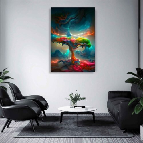 Enchanted Watercolor Wall Art - The Colorful Magic Tree on Canvas Prints. "Enchanted Watercolor" is a celebration of creativity without boundaries, a tribute to the harmonious blend of traditional techniques and cutting-edge technology. It embodies the unlimited possibilities of artistic expression and the captivating allure of fantasy.