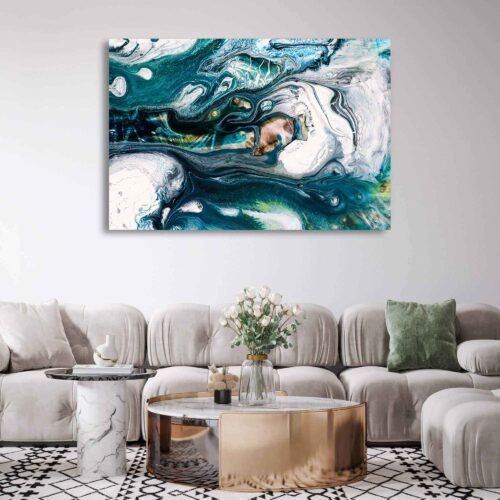 Marble and Agate Symphony - Abstract Surrealism - Wall Art Prints. Dive into a surreal realm where fantasy meets structure, as flowing shapes dance in intricate patterns of blue. This artwork exudes expressive energy, capturing the essence of movement frozen in time. The depth and texture of the piece make it a true feast for the eyes, and its abstract nature invites you to explore and interpret its myriad forms.