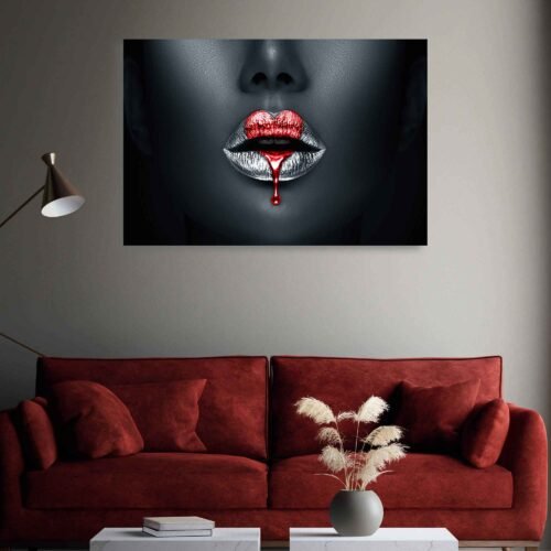 Vivid Elegance - Lipgloss Artistry - Wall Art Prints. In "Vivid Elegance," the artist's creative vision comes to life through the dynamic interplay of red heart paint dripping onto the luscious lips of a beautiful model. The vibrant hues and textures evoke a sense of intimacy and elegance, capturing the essence of liquid love and lipgloss artistr